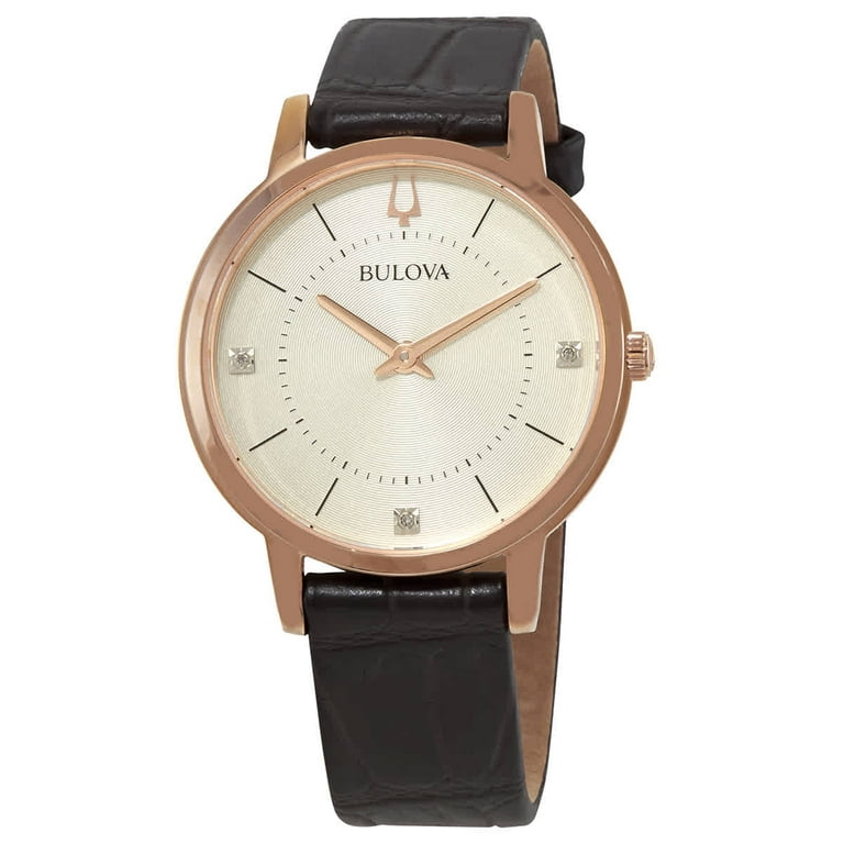 Bulova Women s Classic Champagne Dial Brown Leather Strap Diamond Watch 97P122