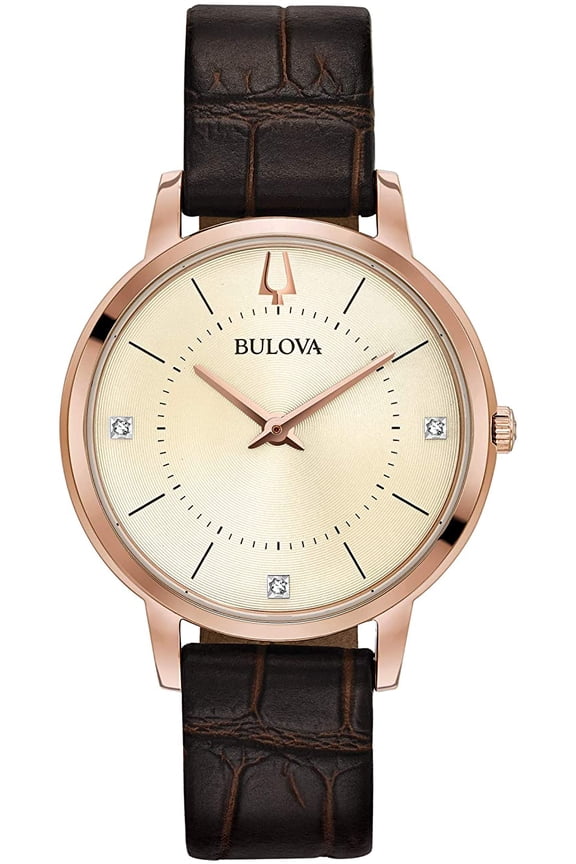 Women's Classic Champagne Dial Brown Leather Strap Diamond Watch 97P122