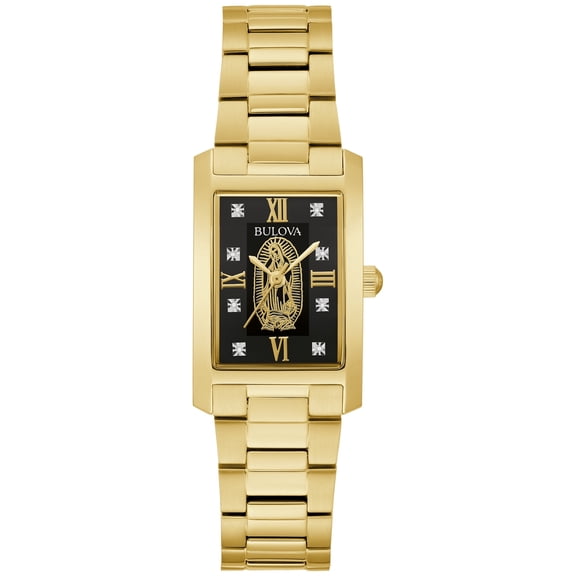 Bulova Women's Classic Diamond Accent Our Lady of Guadalupe Gold-Tone Watch with Rectangular Black Dial - 97P169
