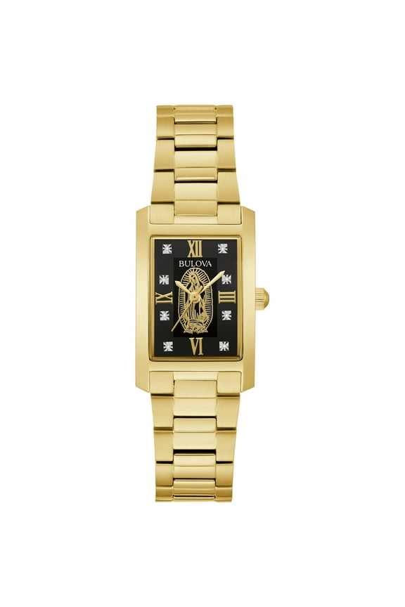 Women's Classic Diamond Accent Our Lady of Guadalupe Gold-Tone Watch with Rectangular Black Dial - 97P169