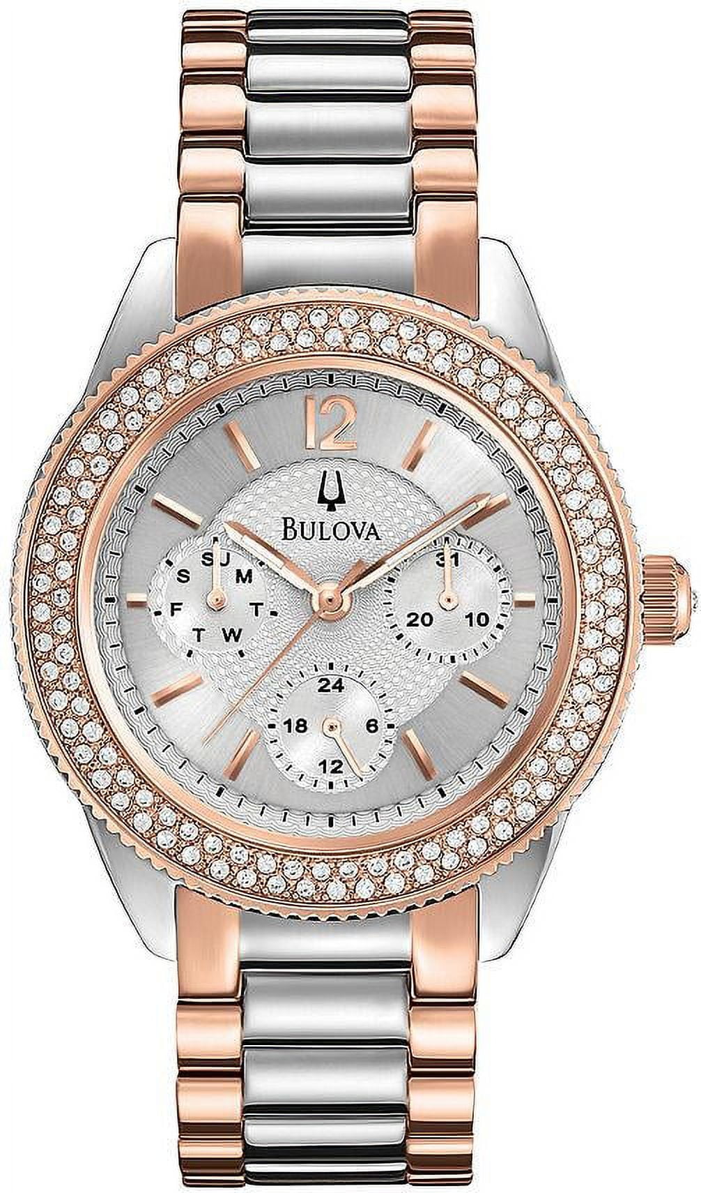 Bulova Women s Crystal Accented Bezel Silver Dial Two Tone Rose