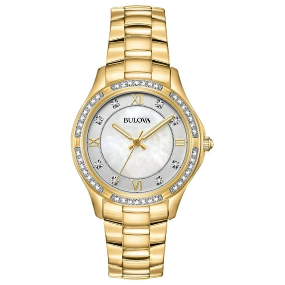 Bulova Women's Gold-Tone Stainless Steel Mother Of Pearl & Crystal Accent Watch - 98L256