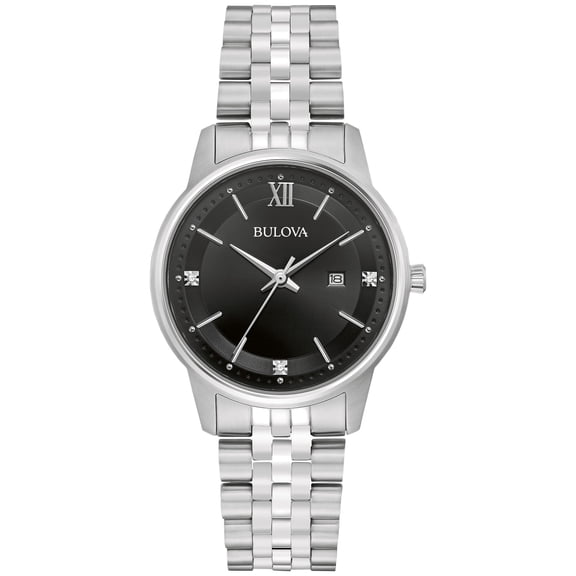Bulova Women's Stainless Steel Black Dial Diamond Watch 96P226