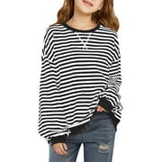 BuluBulu Girls Long Sleeve Sleeve Shirts Casual Crewneck Stripe T-Shirts Kid Girls Soft Cotton Pullover Shirts Tops Toddler Sweatshirt, Sizes 7-12, Black