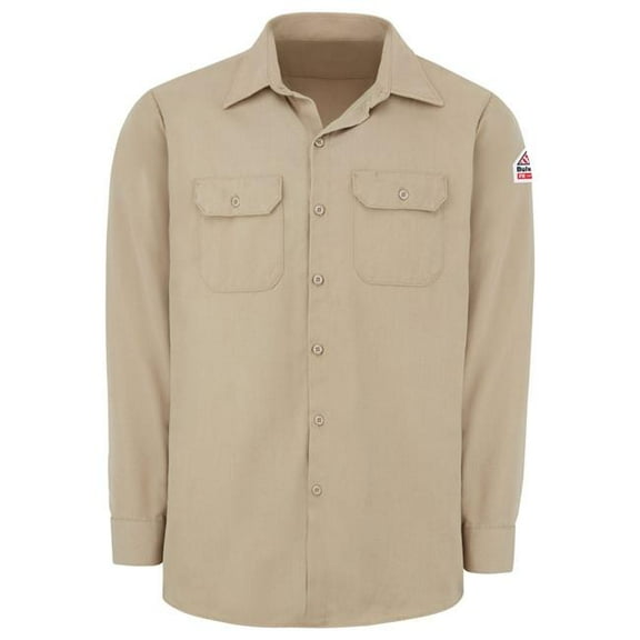 Bulwark SMW2KH-RG-L Mens 7 oz Long Sleeve Modacrylic Work Shirt, Khaki - Large - Regular