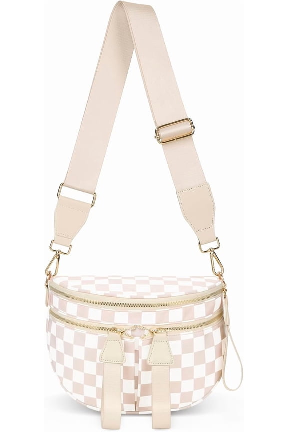 Bum Bag Checkered Crossbody Bags for Women Nylon Double Pockets Checkerboard Fanny Pack Fashion Sling Bag