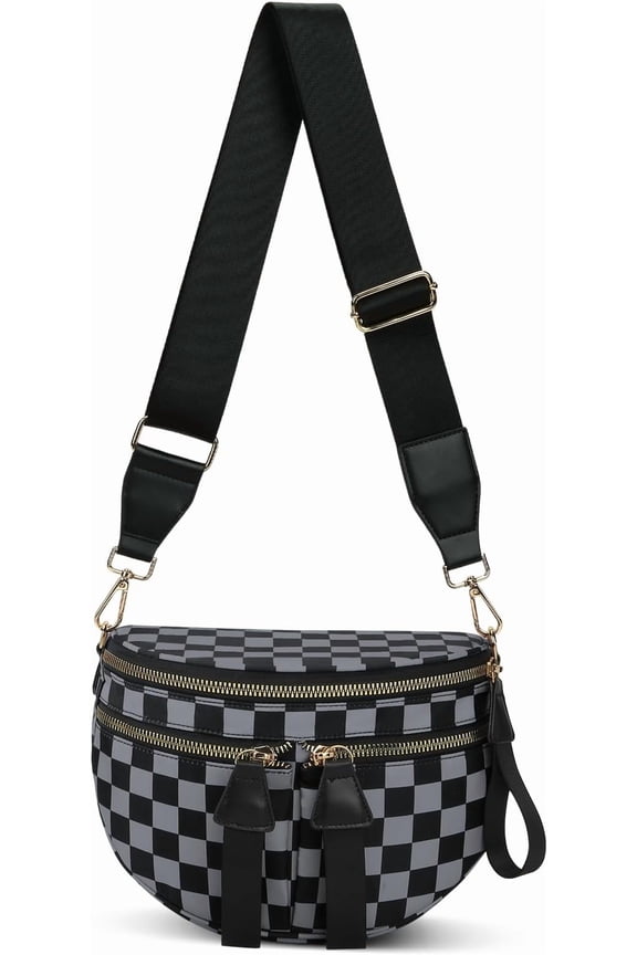 Bum Bag Checkered Crossbody Bags for Women Nylon Double Pockets Checkerboard Fanny Pack Fashion Sling Bag