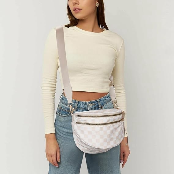 Bum Bags Plus Size Fanny Pack Sling Bag Belt Bag for Women Travel, Checkered Nylon Crossbody Bags for Women