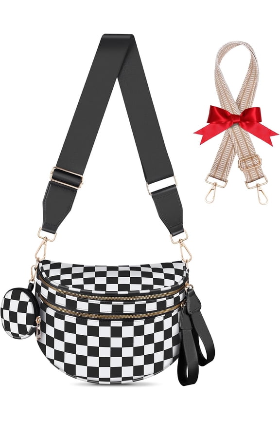 Bum Bags for Women Checkered Crossbody Bag Large Nylon Belt Purse Fanny Packs, Bonus with a Extra Strap