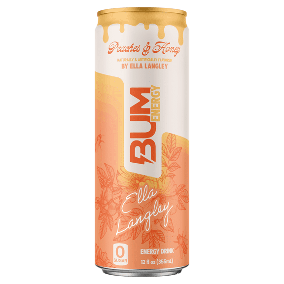 Bum Energy x Ella Langley Peaches & Honey Zero Sugar Energy Drink, 112mg Caffeine, Crash Free Focus, 12 fl oz Can