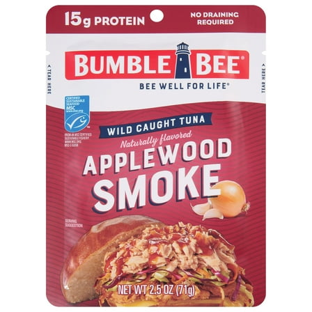 Bumble Bee Applewood Smoke Naturally Flavored Light Tuna, Wild Caught, Gluten Free, 15g Protein per Serving, Ready to Eat, Shelf Stable Pouch, 2.5 oz