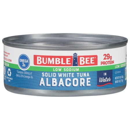 Bumble Bee Low Sodium Solid White Albacore in Water, Wild Caught, Gluten Free, 29g Protein per Serving, Shelf Stable Can, 5oz