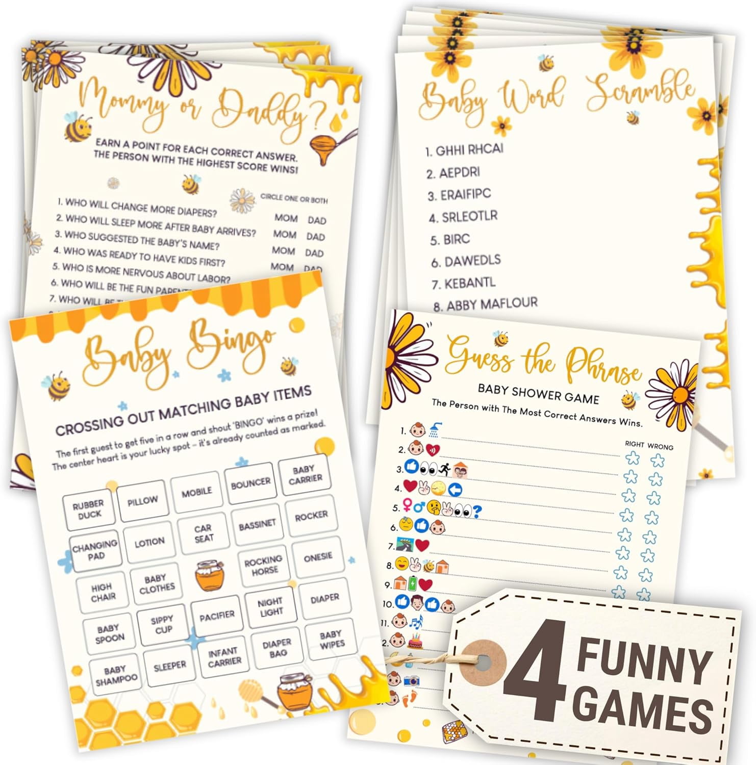 Bumble Bee Baby Shower Games for Girl Boy - 4 Funny Party Games for Bee Baby Shower Decorations, Word Scramble Bingo Mommy Or Daddy Game Cards for 25 Guests