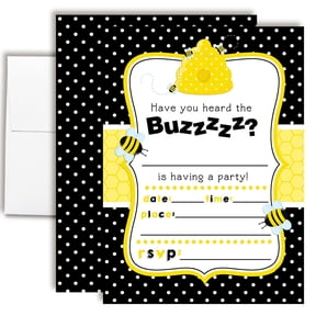 Bumble Bee Birthday Invitations for Kids, 20 Fill-In Cards with Envelopes, 5x7 Children's Party Invitations, Birthday Party Supplies, Made in USA by Amanda Creation