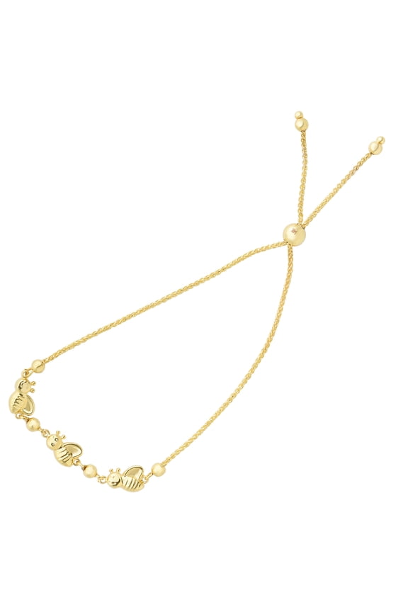 Bumble Bee Charms Theme Bolo Friendship Adjustable Bracelet In 14K Yellow Gold, 9.25"