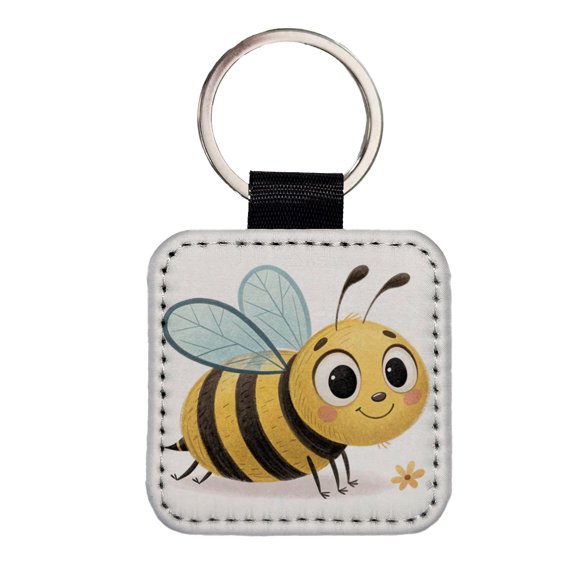 Bumble Bee Children's Illustration Style Faux Leather Square Keychain