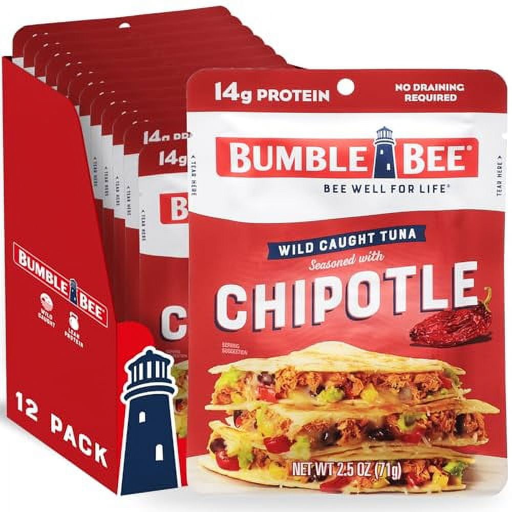 Bumble Bee Chipotle Seasoned Tuna, 2.5 oz Pouches (Pack of 12) - Ready to Eat - Wild Caught Tuna Pouch - 14g Protein per Serving - Gluten Free - Walmart.com bumble-bee-chipotle-seasoned-tuna-2-5-oz-pouches-pack-of-12-ready-to-eat-wild-caught-tuna-pouch-14g-protein-per-serving-gluten-free-walmart-com