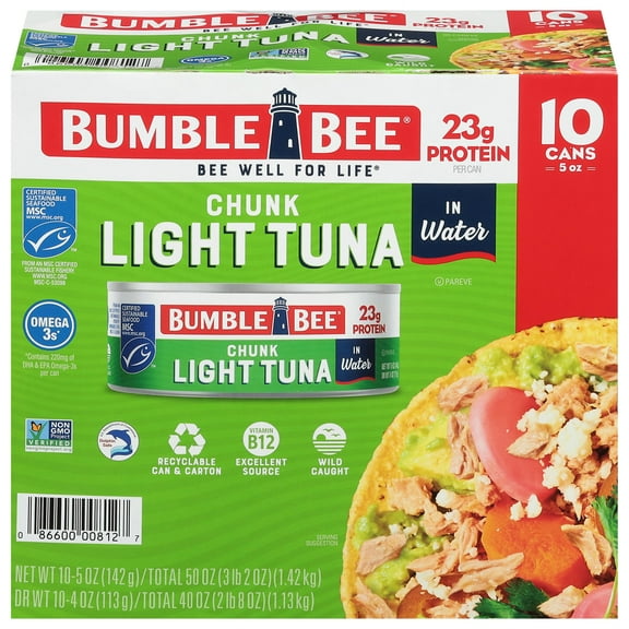 Bumble Bee Chunk Light Tuna In BSL1Water, 5 oz Cans (Pack of 10) - Wild Caught Skipjack Tuna - 23g Protein Per Serving - MSC Certified Sustainable Seafood, Non-GMO, Gluten Free, Kosher