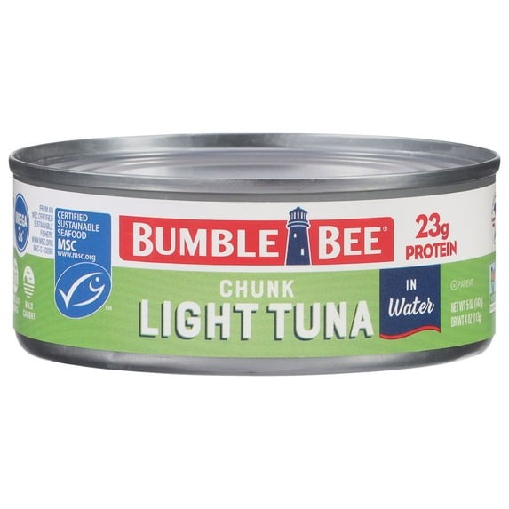 Bumble Bee Chunk Light Tuna in Water, Wild Caught Skipjack Tuna, Gluten Free, 23g Protein Per Serving, Non-GMO, Shelf Stable Can, 5 oz