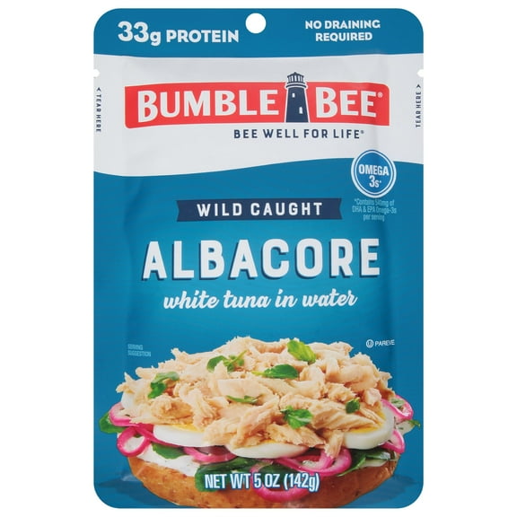 Bumble Bee Wild Caught Chunk White Albacore Tuna in Water, Ready to Eat, 16g Protein Per Serving, Gluten Free, Shelf Stable Pouch, 2.5 oz
