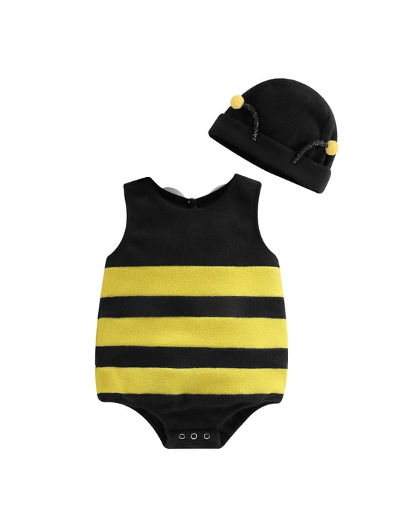 Bumble Bee Costume with Hat Cute Fleece Bee Romper Halloween Costume Girls and Boys for Theme or Costume Party
