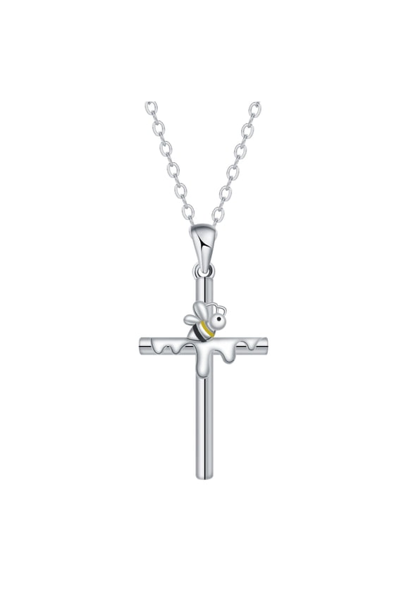 Bumble Bee Cross Necklace for Women, Sterling Silver Cross Pendant Animal Jewelry Gifts for Women