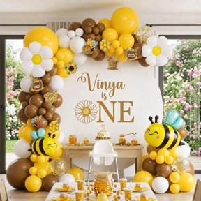 Bumble Bee Decorations, 115 Pcs Mustard Yellow Brown White Balloon Arch Kit with Bee Balloon, Paper Cucouts for Happy Bee Day Birthday, "What Will Baby Bee" Gender Reveal VT1