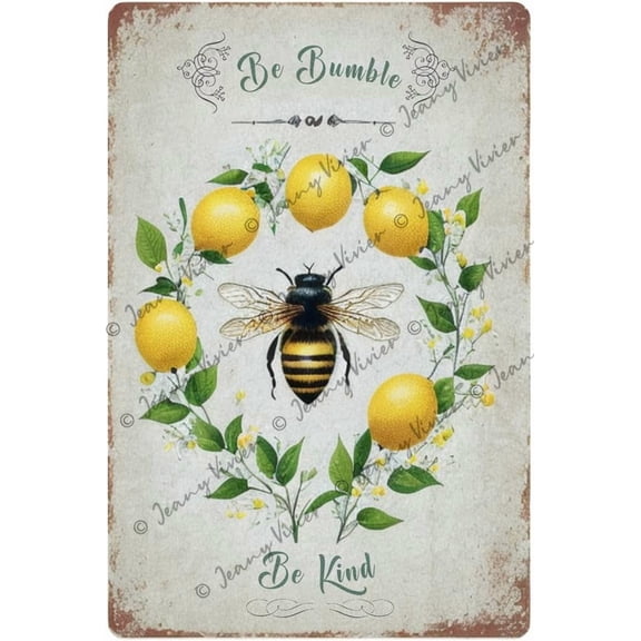 Bumble Bee Door, Antique Tin Sign Bee Decor, Be Kind Be Bumble Welcome Signs for Front Door Decorations, Lemon Themed Kitten Decor, Bee Themed Party Decorations 12x8 Inches