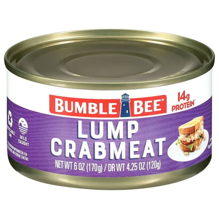 Bumble Bee Canned Lump Crabmeat, Wild Caught, 14g Protein per Serving, Shelf Stable Can, 6 oz