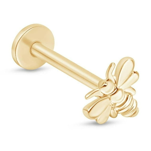 Bumble Bee Flat Back Earring for Women Sensitive Ear 14K Solid Gold Nose Stud Cartilage Earring Threaded Tragus Helix Piercing Jewelry Earring for Upper Ear Minimalist SINGLE STUD (18 G)