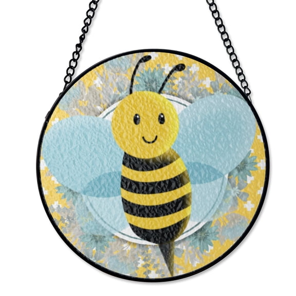 Bumble Bee Floral Suncatcher Stained Glass Style, UV Printed Glass, Honey Insect Garden Decor, Round