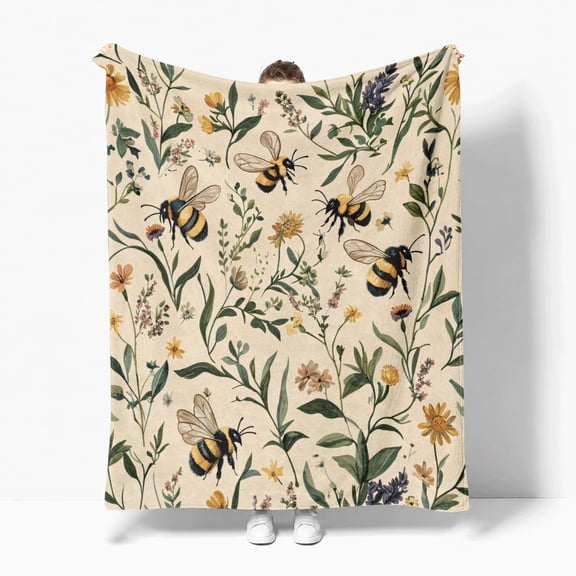 Bumble Bee Flower Flannel Fleece Throw Blanket, Soft Cozy Plush Lightweight Warm, All-Season Decorative Couch Sofa Bed Throw, Cozy Gift for Bedroom Living Room Office Travel
