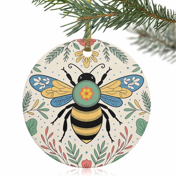 Bumble Bee Flower Leaves Christmas Ceramic Ornament 2025,3" Round Xmas Tree Hanging Accessories with Gold Ribbon