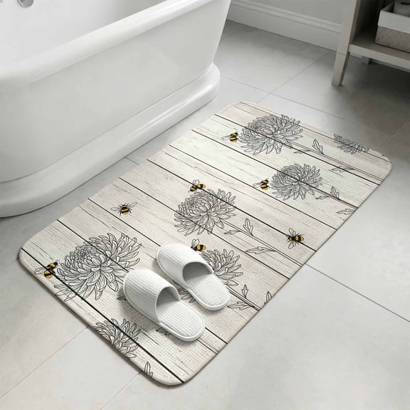 Bumble Bee Flowers Bathroom Rugs Non Slip Washable Bath Mat Absorbent Front Door Mat Farmhouse Animals Flowers Wooden Grain Indoor Doormat for Kitchen Entryway Shower Decor Accessories 19.7"x31.5"