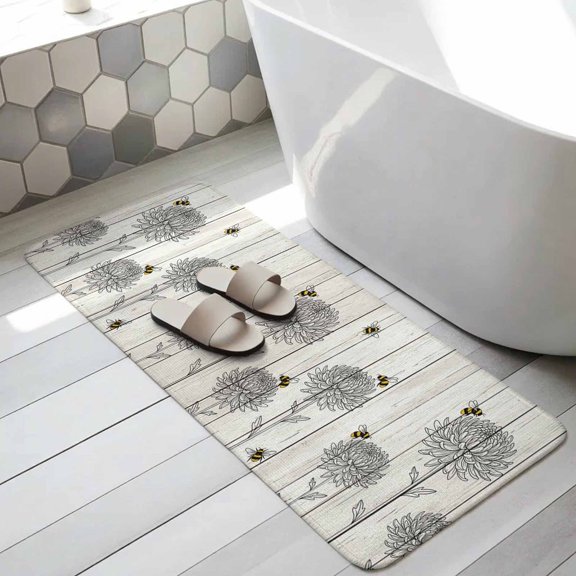 Bumble Bee Flowers Bathroom Runner Rugs Non Slip Washable Absorbent Narrow Long Bath Mat Farmhouse Animals Flowers Wooden Grain Runner Rugs for Kitchen Hallway Bedroom Laundry Study Room 19.7"x63"