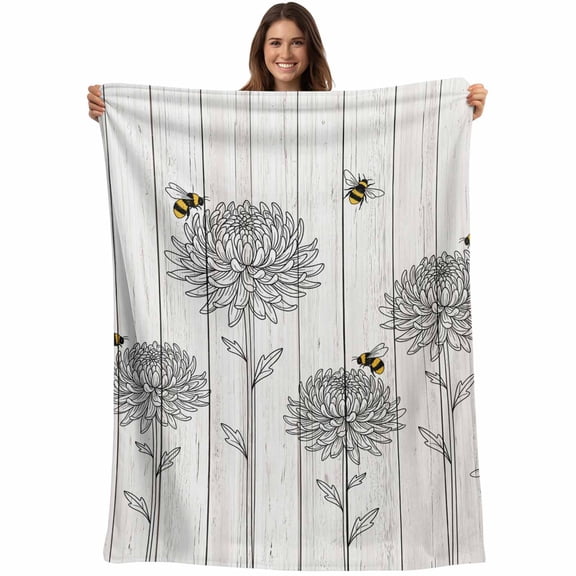 Bumble Bee Flowers Blanket Soft Cozy Warm Throw Blanket for Couch, Plush Fuzzy Flannel Blankets for Sofa, Farmhouse Animals Flowers Wooden Grain Bed Blankets Lightweight Gifts for Women, 40"x50"