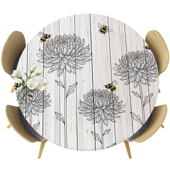 Bumble Bee Flowers Round Tablecloth 45-54 Inch Round Fitted Table Cloth with Elastic Edge, Farmhouse Animals Flowers Wooden Grain Waterproof Table Cover Protector for Outdoor Picnic Party Dining