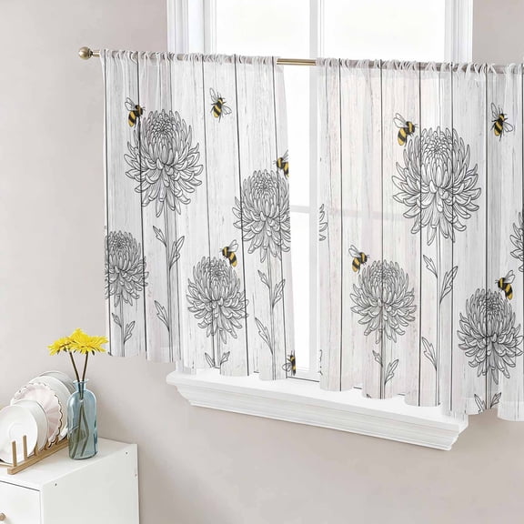 Bumble Bee Flowers Sheer Curtains for Living Room Bedroom Farmhouse Animals Flowers Wooden Grain Sheer Curtains 54 Inch Long 2 Panels Set Light Filtering Curtain Window Treatments Dining Room Drapes