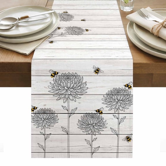 Bumble Bee Flowers Table Runner Farmhouse Animals Flowers Wooden Grain Tablerunners 13 x 36 Inch, Table Decorations Tabletop Scarf for Summer Gathering Holiday Farmhouse Kitchen Dining Decor