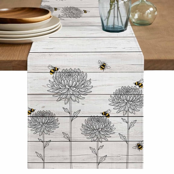 Bumble Bee Flowers Table Runner, Farmhouse Animals Flowers Wooden Grain Washable Cotton Linen Table Runners 36 Inches Long, Dresser Scarf Runner for Nightstand/End Tables/Round Tables 13''x36''