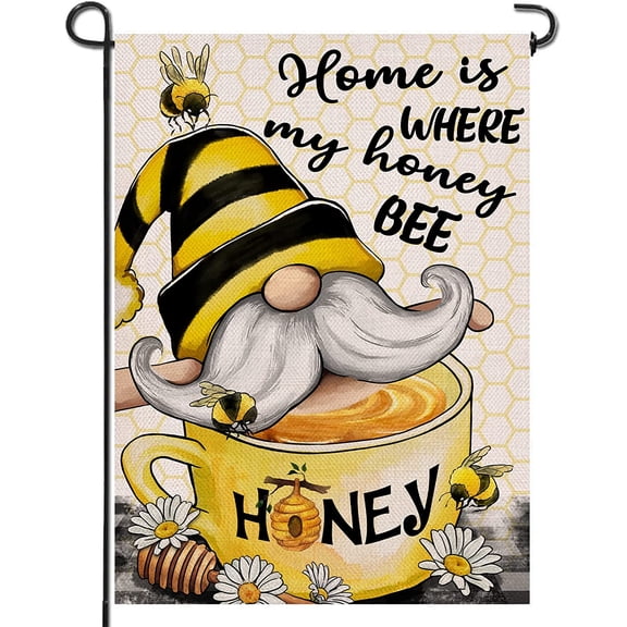 Bumble Bee Gnome Decorative Garden Flag, Home Is Where My Honey Design, Outdoor Small Burlap Yard Decoration, 12 x 18 Inch