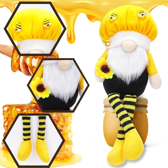 Bumble Bee Gnomes Plush Long Feet Spring Summer Sunflower Scandinavian Tomte Elf Table Ornaments, 13" Faceless Dwarf Figurines for Home Kitchen Shelf World Bee Day Tiered Tray Decorations