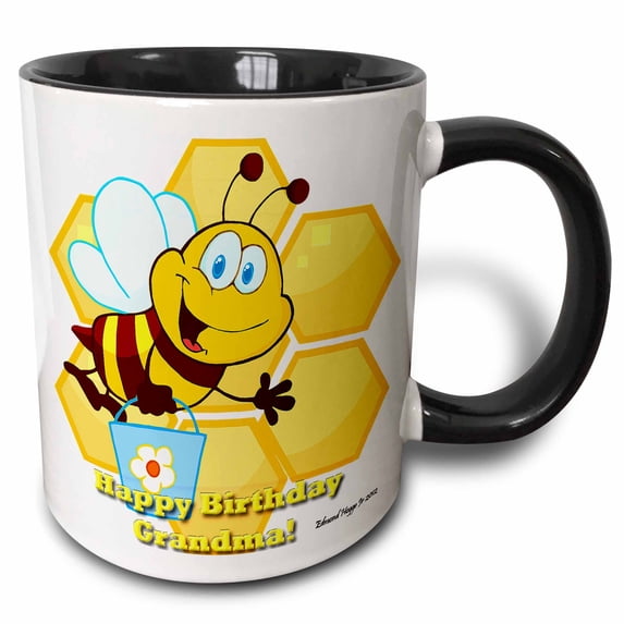 3drose, Bumble Bee Happy Birthday Grandma, 11oz Two-tone Black Mug