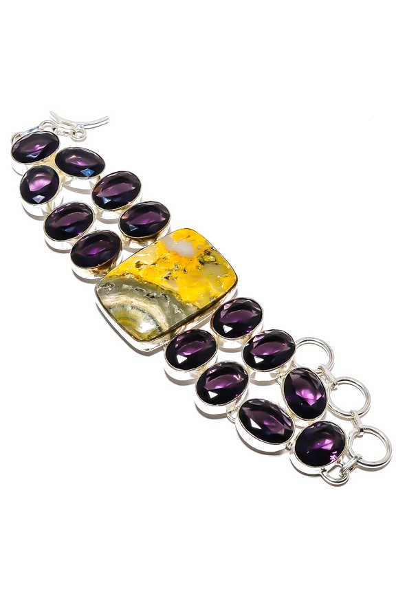 Bumble Bee Jasper & Amethyst- 925 Silver Plated Bracelet 7.99" T26, Valentine's Day Gift, Birthday Gift, Beautiful Jewelry For Woman & Girls