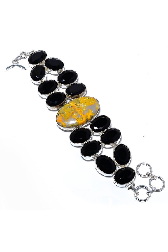 Bumble Bee Jasper & Black Onyx 925 Silver Plated Bracelet 7.99" TB3049-26, Valentine's Day Gift, Birthday Gift, Beautiful Jewelry For Woman & Girls