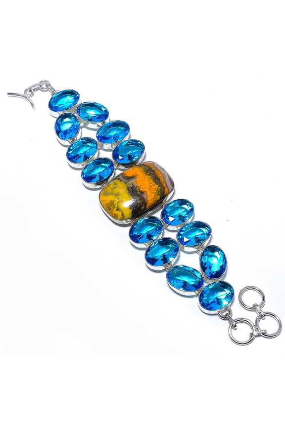 Bumble Bee Jasper & Blue Topaz 925 Silver Plated Bracelet 7.99" M1513, Valentine's Day Gift, Birthday Gift, Beautiful Jewelry For Woman & Girls