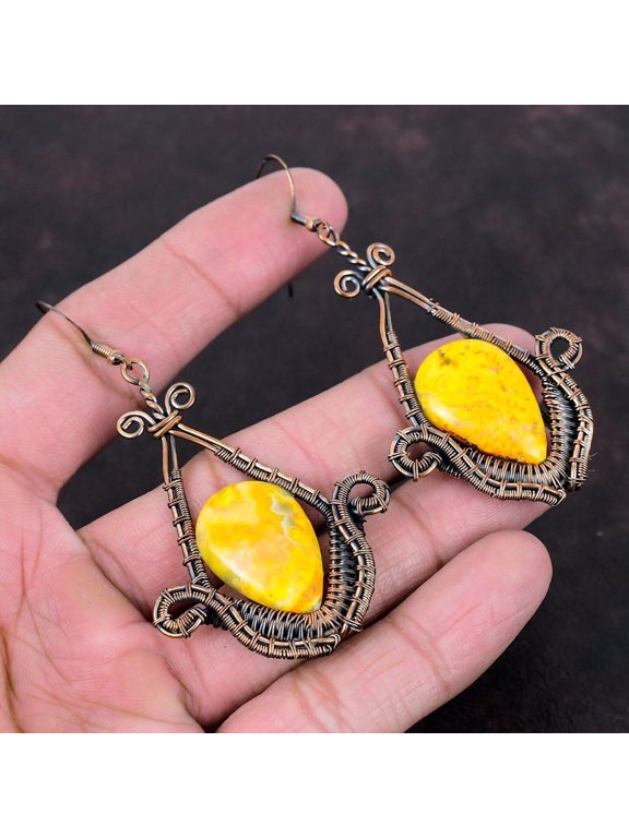 Bumble Bee Jasper Earring Copper Wire Wrapped Earrings Handmade Decent Earring Natural Gemstone Jewelry Drop Earring Copper Jewelry For Gift