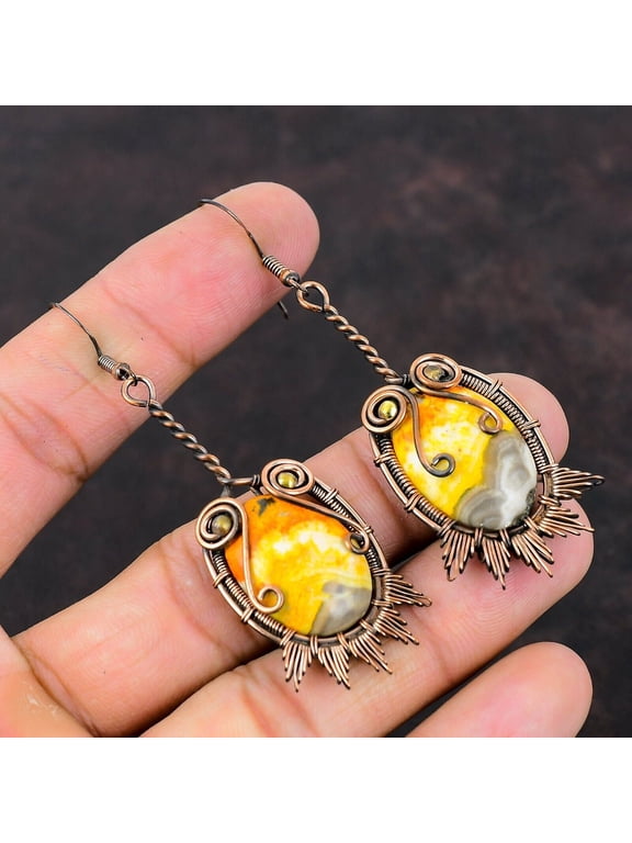 Bumble Bee Jasper Earring Copper Wire Wrapped Earrings Handmade Unique Earrings Gemstone Jewelry Drop Earring Gift For Mother Copper Jewelry