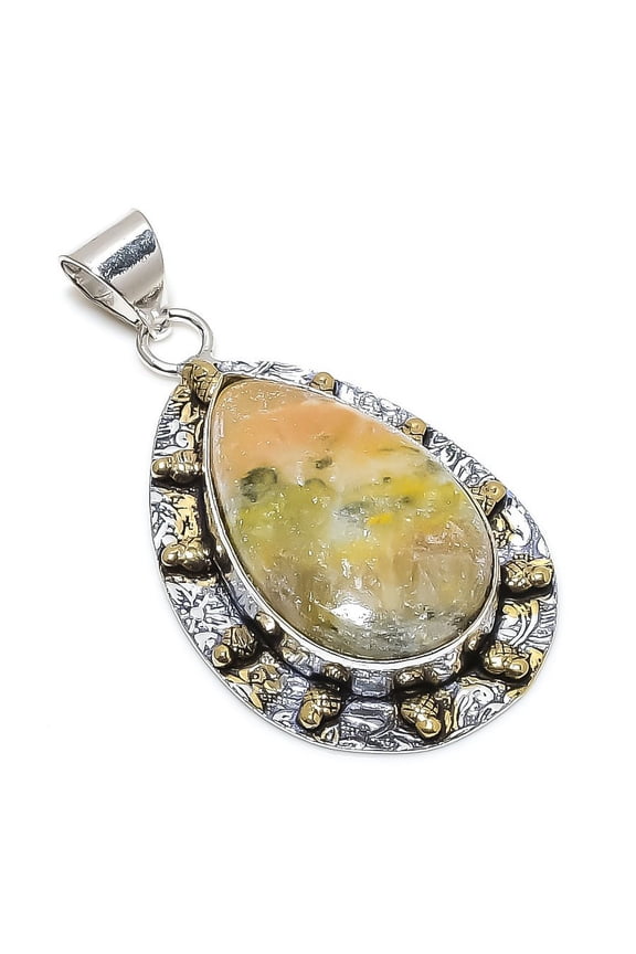 Natural Bumble Bee Jasper Stone 925 Sterling Silver Two Tone Pendant 2.32"