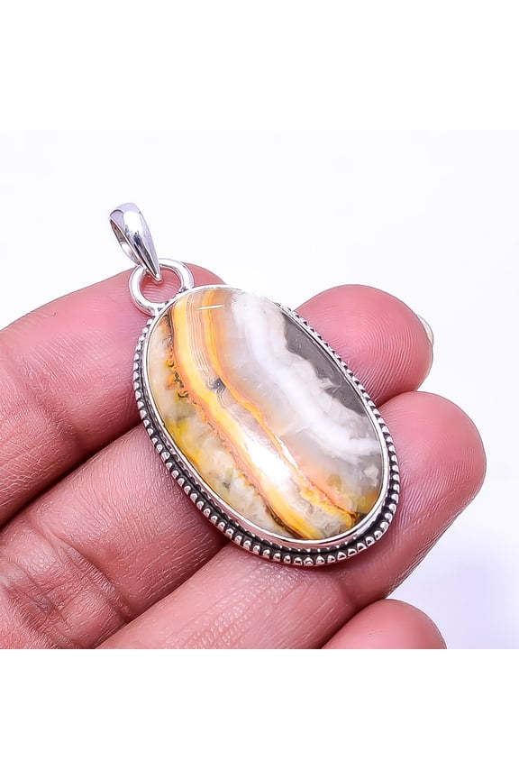 Bumble Bee Jasper -Indonesia 925 Sterling Silver Bali Pendant 1.95", Yellow Bumble Bee Jasper Pendant P_8032_327_6